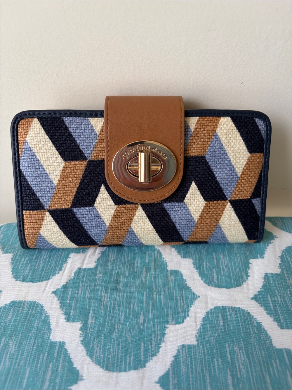 Spartina 449 Geometric Canvas Wallet in Navy, Tan & Light Blue